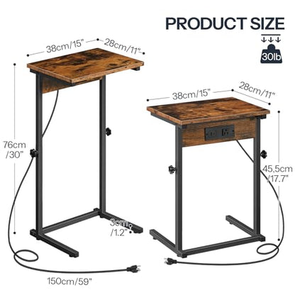 HOOBRO C-Shaped End Table with Charging Station, Adjustable Height Sofa Tray Side Table, Slide Under Couch Arm Table, Small C Side Table for Small Space in Living Room, Bedroom, Rustic Brown BF71USF01 - color: Rustic Brown + Black