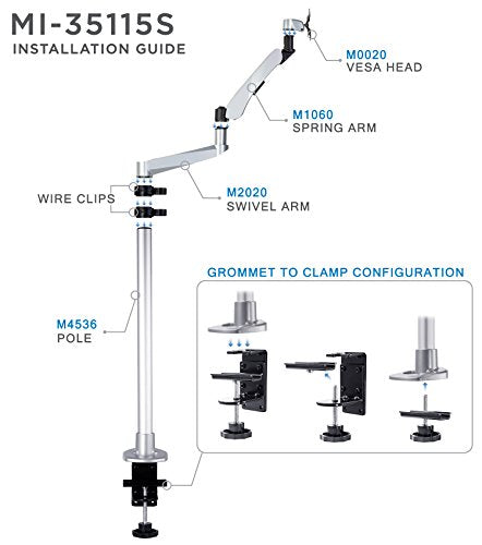 Mount-It! Premium Modular Monitor Desk Mount Arm Stand | Full Motion Gas Spring Arm Fits 19 21.5 24 27 32 Inch Computer Screens with 75 100 VESA Patterns | C-Clamp and Grommet Bases | 17.6 Pound Limit