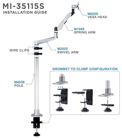 Mount-It! Premium Modular Monitor Desk Mount Arm Stand | Full Motion Gas Spring Arm Fits 19 21.5 24 27 32 Inch Computer Screens with 75 100 VESA Patterns | C-Clamp and Grommet Bases | 17.6 Pound Limit
