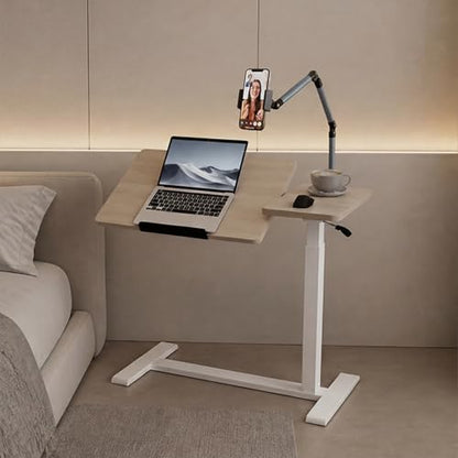 Adjustable Overbed Bedside Table with Wheels Pneumatic Mobile Standing Laptop Desk Rolling Computer Cart Movable Couch Desk Hospital Bed Table, Natural Wood - color: Natural Wood