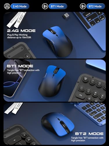 RAPIQUE Bluetooth Wireless Mouse - Dual Bluetooth & 2.4 GHz,Gradient Blue | Comfortable Grip, Quiet Clicks, Low Power - 3-Device Switching mouse for Laptop, PC, Mac, Tablet and Computer - color: Gradient Blue