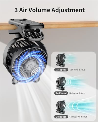 GOTOTO Clip on Fan, Rechargeable Portable Personal Small Fan with 2000mAh Battery Operated, Powerful Clip Design, 3 Wind Speed, 360° Rotation, Ultra-Low Noise Level for Travel - color: BLACK