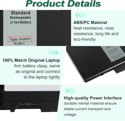 68Wh 3HWPP 15.2V Battery Replacement for Dell Inspiron 7706 2-in-1 Black | Inspiron 17 7500 7506 2-in-1 Black, Latitude 5401 5410 5411 5501 5510 5511 Precision 3551 3541 1VY7F - size: 9.38*4.13*0.25inch 3HWPP
