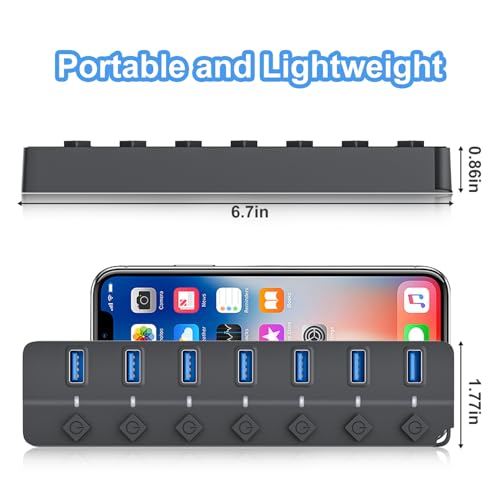USB Hub 7 Port, USB Splitter with Individual On/Off Switches and Lights | USB 3.0 Hub with 3.3ft Cable, Extender for A Port Laptop, PC, Desktop-Gray - color: Gray