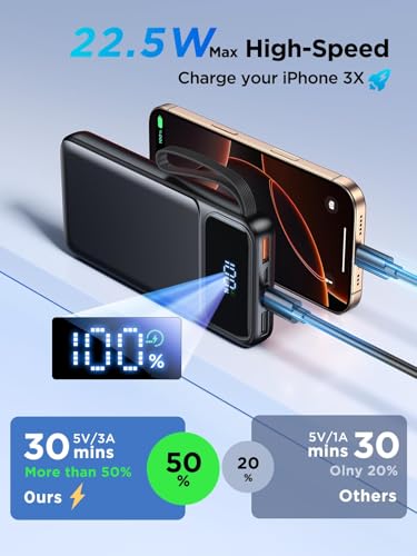 Power Bank, Portable Charger with Built in Cable 22.5W Fast Charging Battery Pack 10000mAh Slim 6 Outputs 3 Inputs LED Display Phone Charger for iPhone Samsung Pixel Moto iPad Travel Essential Gift - color: Black