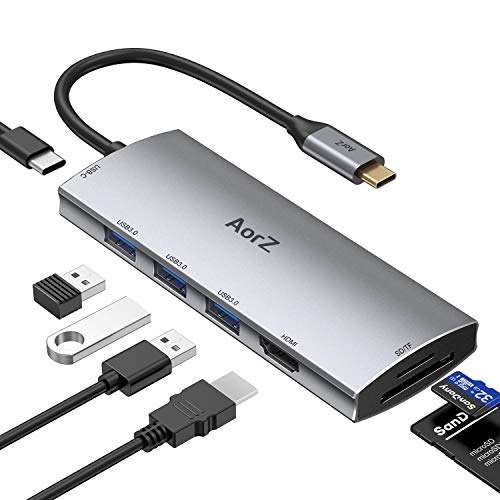 USB C Hub, USB Hub to HDMI Multiport AorZ USB C Dongle Adapter 7 in 1 with 4K HDMI Output,3 USB 3.0 Ports,SD/Micro SD Card Reader,100W PD,Compatible with MacBook Pro Air HP XPS and More Type C Devices - color: Grey