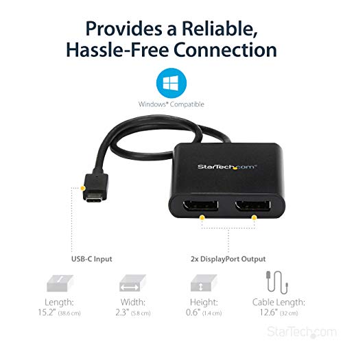 StarTech USB-C to Dual DisplayPort 1.2 MST Hub, 4K 30Hz/1080p 60Hz | Dual DP laptop display extender and splitter, DP Alt Mode 1.2 HBR2 MST, Built-in cable, TB3/TB4/USB4, Windows - size: 2x DP 1.2