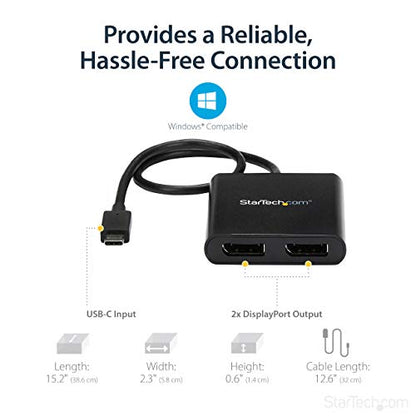 StarTech USB-C to Dual DisplayPort 1.2 MST Hub, 4K 30Hz/1080p 60Hz | Dual DP laptop display extender and splitter, DP Alt Mode 1.2 HBR2 MST, Built-in cable, TB3/TB4/USB4, Windows - size: 2x DP 1.2