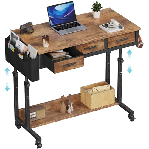 WINAZ Rolling Standing Desk Adjustable Height with Drawers on Wheels, 40 Inch Portable Mobile Stand Up Computer Desks for Bedroom Home Office, Couch Sofa Side Laptop Table with Storage, Rustic Brown - color: Brown, size: 39.5"