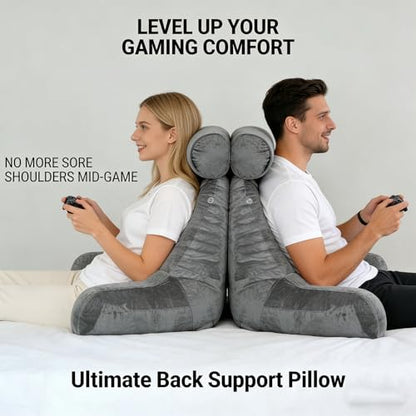 Reading Pillow for Adults Sitting‑Up in Bed, Backrest with Arms | Detachable Neck‑Cushion; Shredded Memory‑Foam; Side Pockets; Washable Velvet Cover; Gaming & TV, Sofa Use - color: Grey