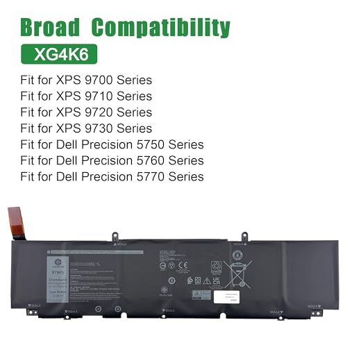 XG4K6 CPX-F8CPG Laptop Battery Replacement for XPS 9700 9710 9720 9730 Precision 5750 5760 5770 Series Notebook 001RR3 01RR3 0F8CPG F8CPG Black 11.4V 97Wh 8071mAh - size: 13.2*5.2*1.2inch XG4K6