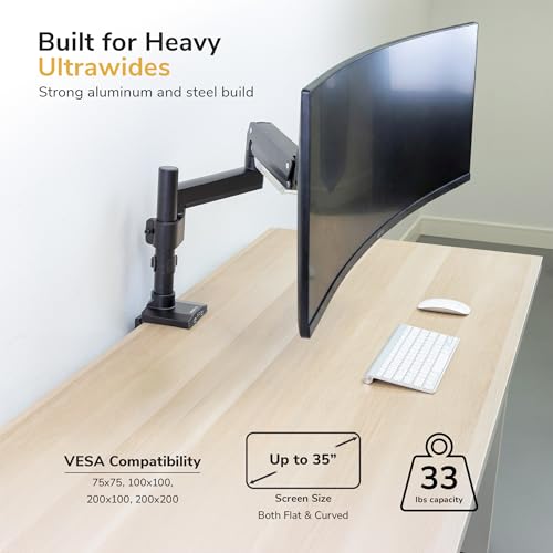 Mount-It! Ultrawide Monitor Arm, Heavy-Duty Gas Spring Desk Mount for 17–35” Curved Screens up to 33 lbs, Full Motion Height Adjustable Monitor Arm with USB 3.0 & Audio Ports, VESA 75/100/200