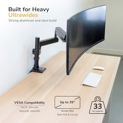 Mount-It! Ultrawide Monitor Arm, Heavy-Duty Gas Spring Desk Mount for 17–35” Curved Screens up to 33 lbs, Full Motion Height Adjustable Monitor Arm with USB 3.0 & Audio Ports, VESA 75/100/200