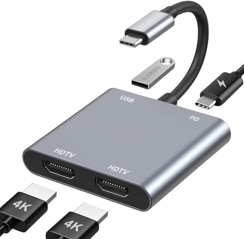USB C to Dual HDMI Adapter, 4K@60Hz HDMI Splitter for Dual Monitors with USB 3.0, 100W PD Charging, HDMI Splitter Extended Display for MacBook Air/Pro, Dell XPS, HP, Surface, Chromebook - color: Grey 03-USB C Hub