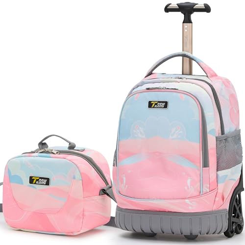 NEW TILAMI 16 Inch Rolling Backpack with Lunch Bag for Girls Boys School | 6-Wheel Stair-Climbing Girls Boys Carry-on Suitcase Water-Resistant Adjustable Trolley Handle Wheels School Travel Camping - color: Pastel Pink - Blue