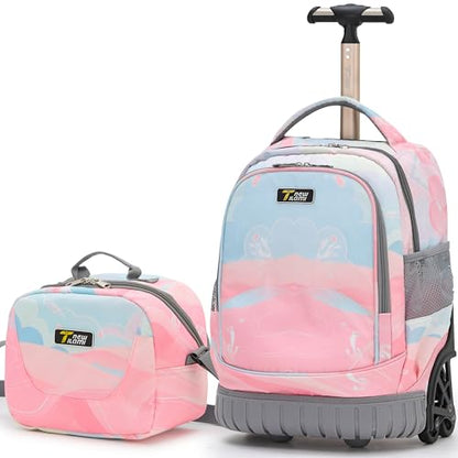 NEW TILAMI 16 Inch Rolling Backpack with Lunch Bag for Girls Boys School | 6-Wheel Stair-Climbing Girls Boys Carry-on Suitcase Water-Resistant Adjustable Trolley Handle Wheels School Travel Camping - color: Pastel Pink - Blue