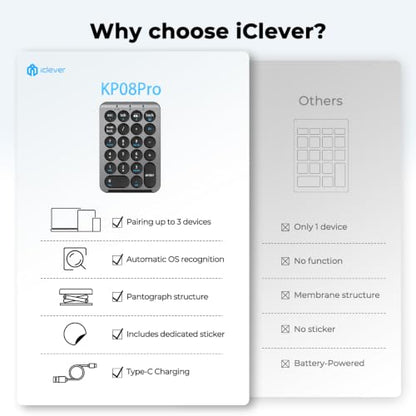 iClever Bluetooth Number Pad, 22 Keys Wireless Numeric Keypad, Rechargeable Mini Portable Numpad with Custom Stickers, Financial Accounting, Data Entry, Compatible with Laptop, Mac, Surface Pro, PC - color: Grey / Black