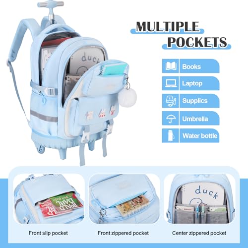 DIGOBAY Rolling Backpack for Girls, Roller Bag with Lunch Box Pencil case | Kawaii Girls Roller Backpack With Wheels School Bookbag With Cute Pins for Elementary Middle School, Blue - color: Blue