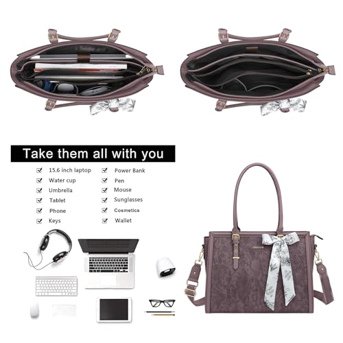 MOSISO Laptop Bag for Women, 17-17.3 inch PU Leather Tote Bag | Compatible with MacBook, HP,Dell, Front Embossed Retro Hibiscus Computer Bags with Silk Scarf&Clutch Purse, Slate Purple - color: Slate Purple, size: 17.3 inch