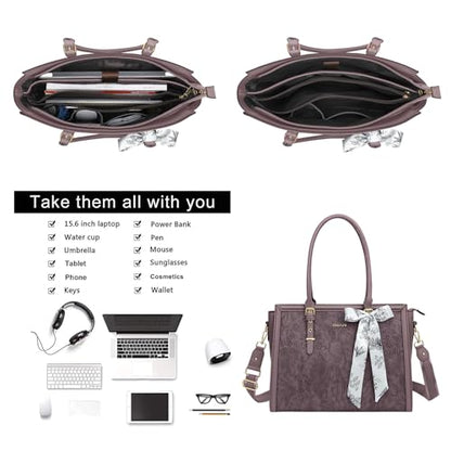 MOSISO Laptop Bag for Women, 17-17.3 inch PU Leather Tote Bag | Compatible with MacBook, HP,Dell, Front Embossed Retro Hibiscus Computer Bags with Silk Scarf&Clutch Purse, Slate Purple - color: Slate Purple, size: 17.3 inch