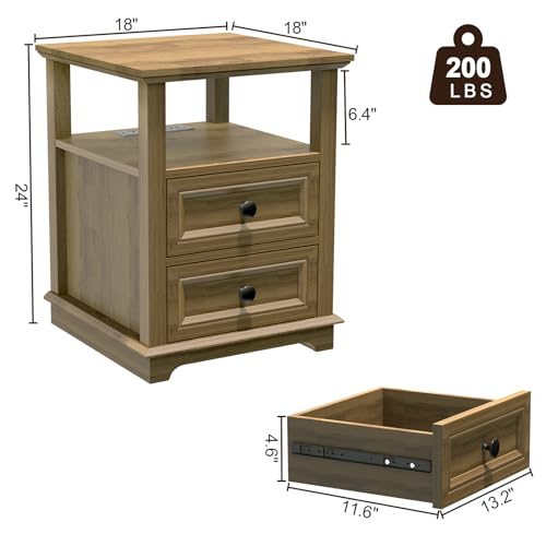 End Table with Fast USB C Charging Station, Sofa Side Table with 2 Drawers, Large Storage Rustic Wood Square Storage Cabinet for Living Room,Bedroom,Office, Light Brown - color: Light Brown, size: 1 Piece