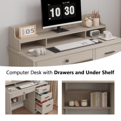 4 EVER WINNER Small Desk with Drawers for Small Spaces, 44'' Computer Desk with File Cabinet & Monitor Stand, Wood Writing Desk for Bedroom, Living Room, Off White - color: Off White