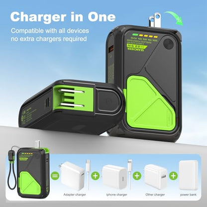 P05 Portable Charger, Magnetic Power Bank, Small Wireless PowerBank, Battery Pack 20000mAh Travel Essentials Fast Charging With Built in Cable, Foldable Wall Plug for iPhone,Samsung,Andriod - color: Black2W