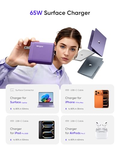 Surface Pro Charger, 65W Microsoft Surface Charger for 12/11/10/9/8/7/6/5/4/3/X, Compatible with Both Microsoft Book/Laptop/Tablet and All USB-C Deviece (Purple) - color: Purple