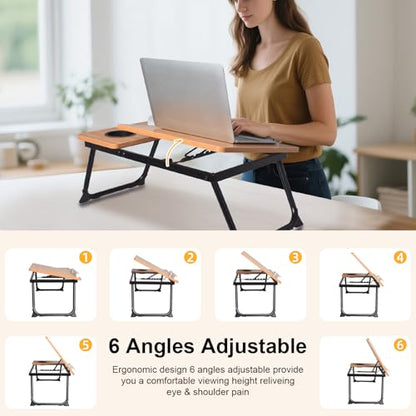 Adjustable Laptop Bed Table with Book Stand, Portable Reading Desk with Side Panel, Wood Grain - color: Bamboo Wood