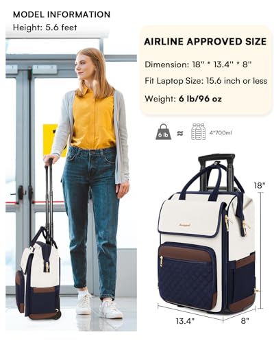 Rolling Backpack for Women, Travel Rolling Laptop Backpack with Wheels, Vertical & Horizontal Storage 2 In 1, Flip-Top Design, Water-Resistant Overnight College Underseat Carry on Luggage, Navy Blue - color: Navy Blue