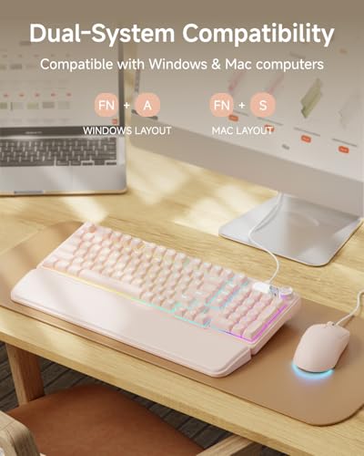 EWEADN Wired Keyboard and Mouse Combo with Detachable Wrist Rest, Quiet Ergonomic Keyboard Mouse Set with Multimedia Knob, RGB Backlit, Double-Shot Keycaps Natural Typing for Laptop, PC - Peach - color: Peach