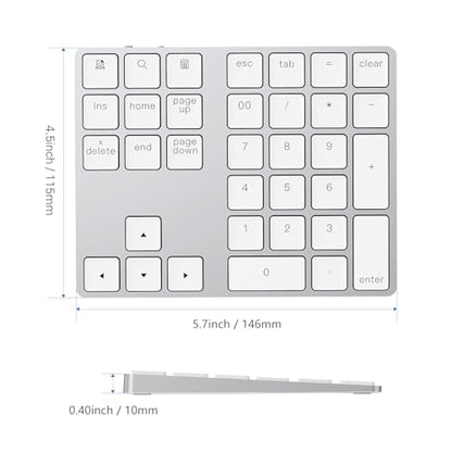 Lekvey Bluetooth Number Pad, Aluminum Rechargeable Wireless Numeric Keypad Slim 34-Keys External Numpad Keyboard Data Entry for Laptop, MacBook, MacBook Air/Pro, iMac, Windows, Surface Pro - Silver - color: White and Silver