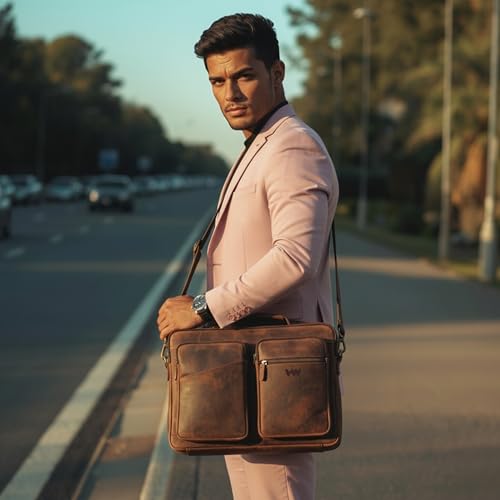 Slim Genuine Leather Briefcase For Men Fits 16 Inch Laptop Satchel 'The StatesMan' Computer Messenger Bags For Business Office Work