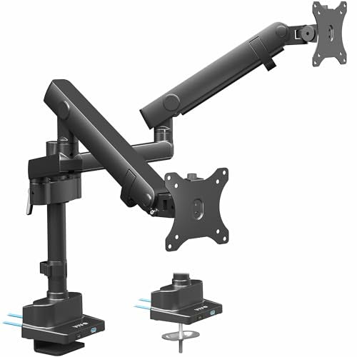 VIVO Premium Aluminum Full Motion Dual Monitor Desk Mount Stand with Lift Engine Arm, Pole Extension, and USB Ports, Fits Ultrawide Screens up to 40 inches, STAND-V102BDU - size: Dual monitor, style: Extended