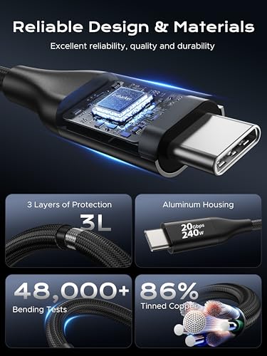 Plugable Short Braided USB C Monitor Cable 1FT, 4K@144Hz/8K Video Output | USBC 3.2 Gen 2X2 Display Cable, 20Gbps Data Transfer, 240W PD Charging, Fit for Portable Monitor, SSD, MacBook, iPhone 17 - size: 1FT