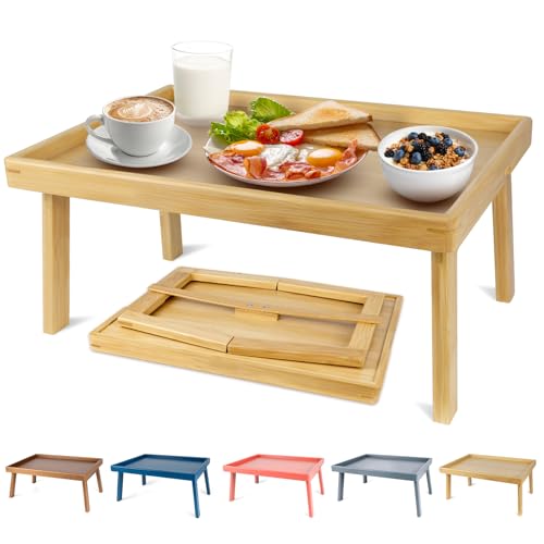 Large Bed Table Tray with Support Bar and Foldable Legs, Bamboo Breakfast Food Trays Table for Bed Sofa Eating and Laptops, TV Lap Tray Table on Couch (Applied for Invention Patent) - color: Bamboo, size: 20x13x9.4 in