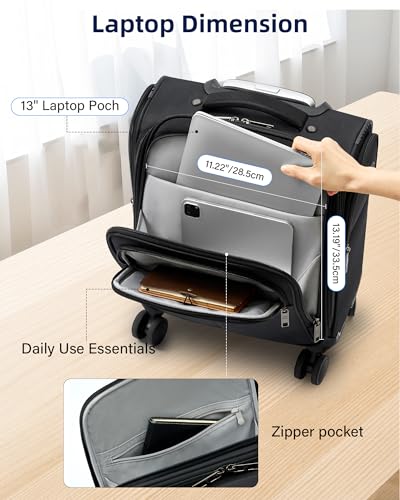 HanTrip 16 Inch Underseat Carry On Luggage with Wheels Softside Small Suitcases Personal Item Bag with Pocket Travel Luggage for Men Women Business Overnight Bag(Black) - color: Black