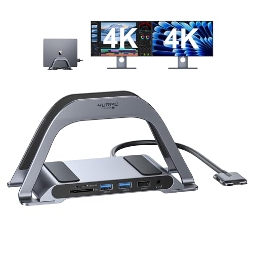 MacBook Pro Docking Station Dual Monitor 4K@60Hz with 100W Power Adapter, USB C Docking Station Vertical Stand for MacBook Pro/Air with 2 HDMI, USB 3.0, SDµSD, Ethernet, Audio