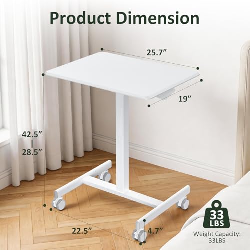 Mobile Standing Desk Adjustable Height, Rolling Sit-Stand Laptop Desk with Lockable Casters, Portable Compact Computer Table for Home Office Dorm, White - color: Classic White
