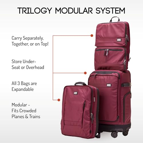 Trilogy Modular System I Modular 4-wheel spinner carry-on, with two zip-off bags! All 3 are Expandable! You get 3 bags in 1! Mix and match; take apart to fit crowded airplane spaces (Zinfandel) - color: Red