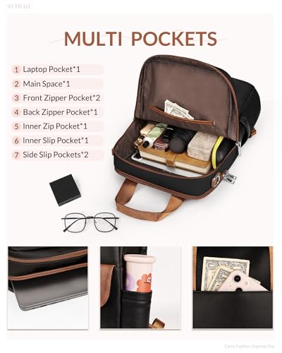 Leather Laptop Backpack 15.6 inch Womens Computer Bag Brown | 3-in-1 laptop purse: Dedicated 15.6" Compartment, 7-Pocket Organizer, Colorful Shoulder Strap, Work & Travel Ready - color: Black Brown