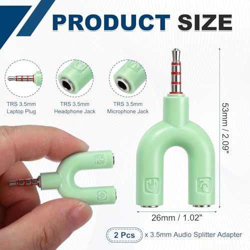 MECCANIXITY 2Pcs Headset Mic Splitter Adapter, 3.5mm Male to Dual Female Y Splitter Microphone and Audio Jack Adapters for PC Laptop Smartphone, Green - color: Green
