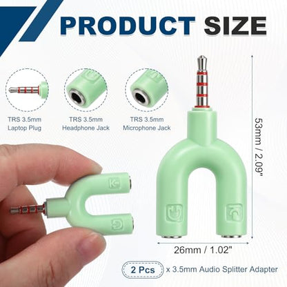 MECCANIXITY 2Pcs Headset Mic Splitter Adapter, 3.5mm Male to Dual Female Y Splitter Microphone and Audio Jack Adapters for PC Laptop Smartphone, Green - color: Green