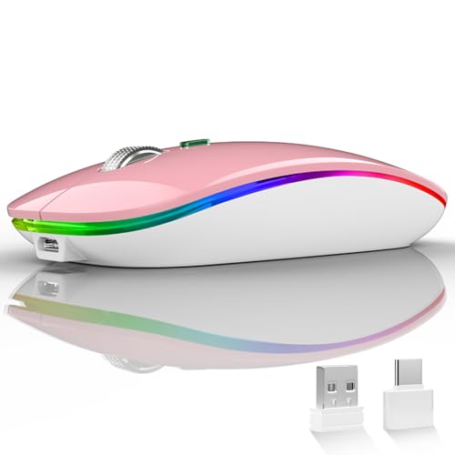 Uiosmuph LED Wireless Mouse, G12 Slim Rechargeable Silent Mouse - Pink | 2.4GHz Optical, USB C Charging, Quiet Click, LED, Portable, 1600DPI, USB Receiver, Type C Adapter, Cordless, for Laptop/Mac - color: Pink