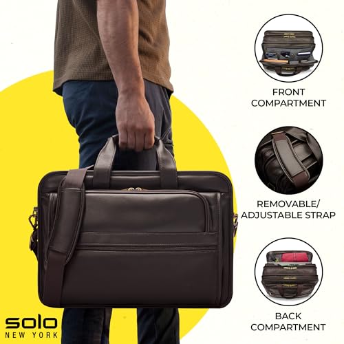 Solo New York Briefcase - Laptop Carrying Bag for Women & Men, Brief for Travel & Work, Padded Shoulder Strap, Premium Leather Body, Fits 15.6" Computer - Espresso