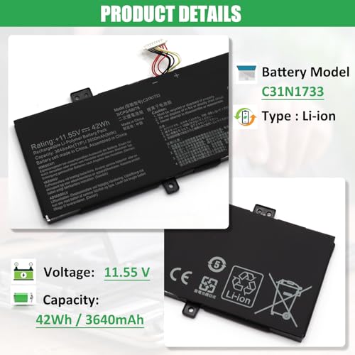 C31N1733 Laptop Battery Replacement for ASUS VivoBook Flip 14 TP412 TP412U TP412UA TP412F TP412FA TP412UA-DB31T TP412UA-IH31T TP412UA-EC059T TP412FA-EC551T TP412FA-EC707T Series 11.55V 42Wh - size: 10.33*2.94*0.19inch C31N1733