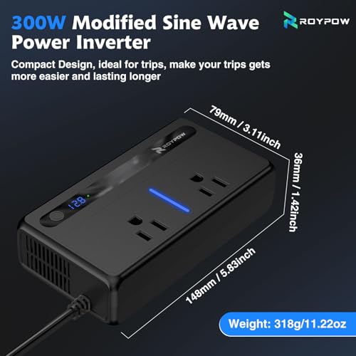 RoyPow 300W Car Power Inverter, DC 12V to 110V AC Power Inverter with Cigarette Lighter Port, Car Plug Adapter Outlet with 3.4A USB-A, QC3.0 24W, PD 30W, PD 36W, Dual AC Outlets, Car Charger Adapter