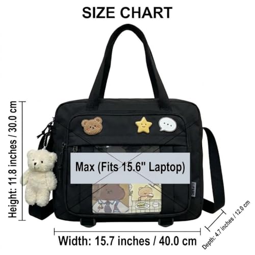 Kawaii Crossbody Ita Bag for Women with Pin & Plush Bear - Japanese Messenger Bags Y2K Shoulder Purse - color: C Max Black (Fits 15.6" Laptop)