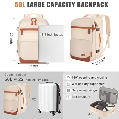 50L Travel Backpack, Flight Approved Carry On Laptop Backpack | Water-resistant, Fits 18 inch laptop, Hiking, Camping, Business, Commute, Men & women - color: Beige, size: X-Large