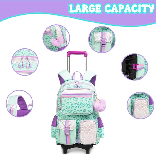 Meetbelify Backpack with Wheels for Girls Rolling Backpack Cute Carry on Backpack for Elementary Student - color: Love Green